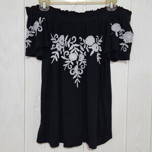 INC International Concepts Black Embroidered Flowers Off the Shoulder Top Size S
